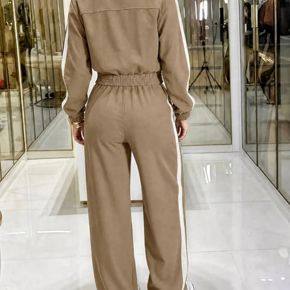 💚Casual Women's Two-Piece Set with High Waist Pants and Short Zipper Jacket, Polyester, Multiple Colors