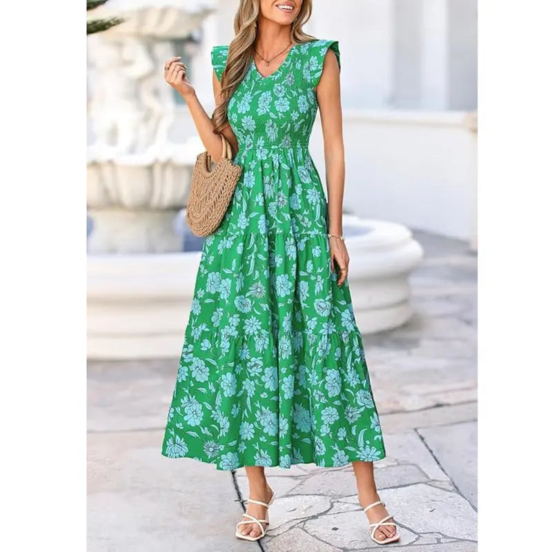 ✨✨Women's Cotton Boho Floral Maxi Dress Summer Smocked V Neck Ruffle Sleeve Spring Flowy Beach Vacation Sundresses