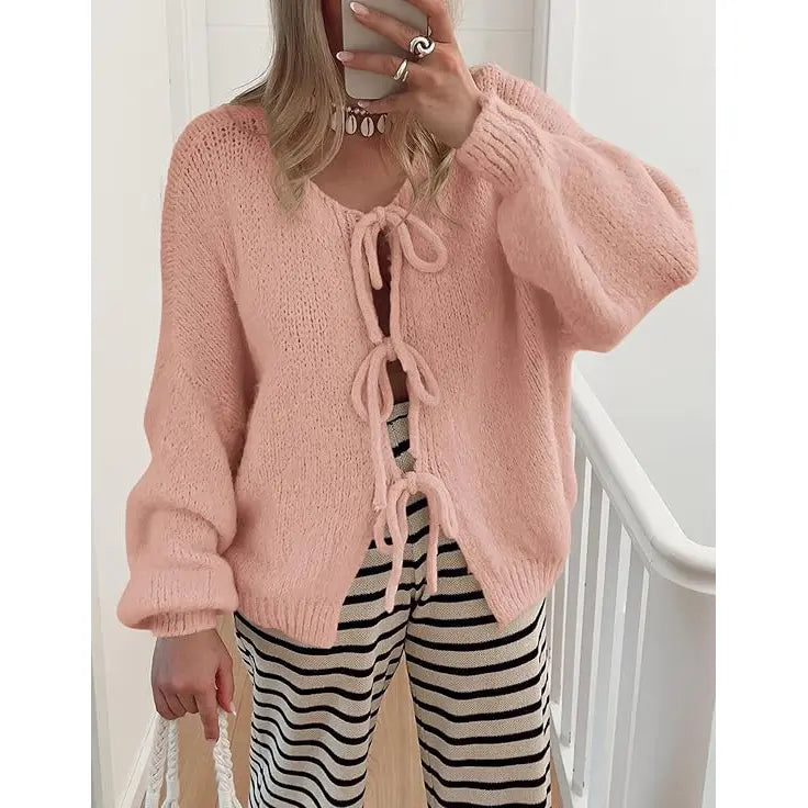 ✨✨Women's Tie Front Bow Cardigan Sweaters Chunky Knit Long Puff Sleeve Trendy Fall Winter Jacket Coats