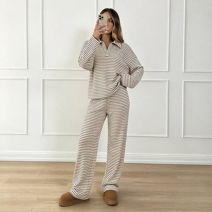 💚Long-sleeve collared striped casual wide-leg pant set