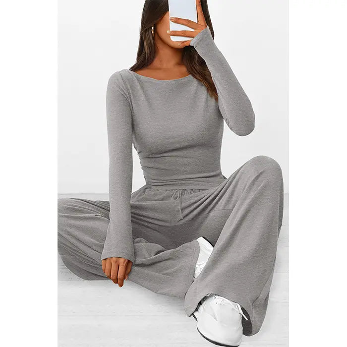 ✨✨Women's 2-Piece Lounge Set Asymmetrical Long Sleeve T-Shirt & Wide Leg Pants Casual Fitted Tracksuit Loungewear Basic Minimalist Clothing with Drawstring & Pockets