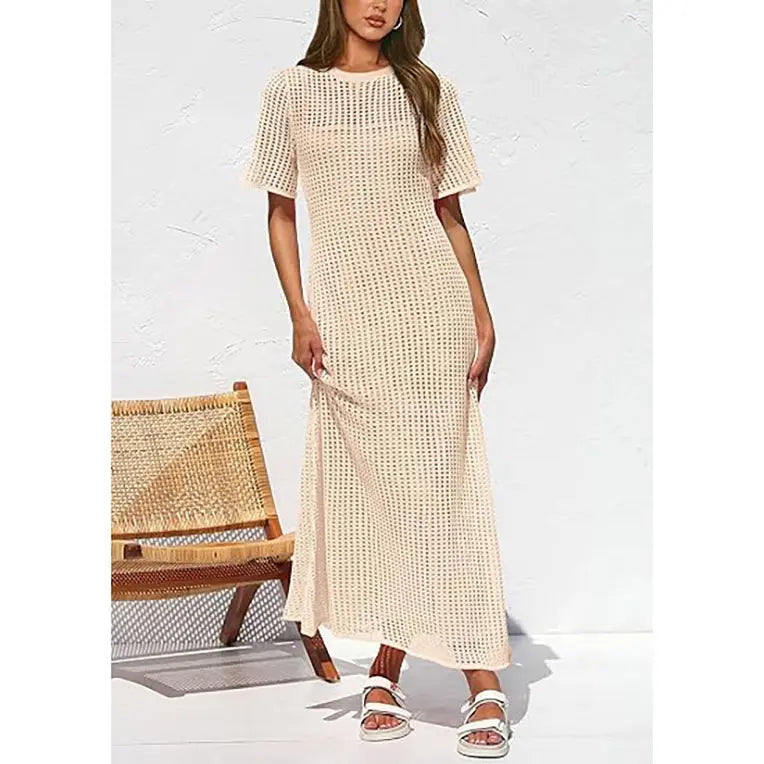 ✨✨Womens Eyelet Cover Up Dress Summer Resort Maxi Dress with Beach Short Sleeves, Hollow Out Design & Hollow Out Sundress Style