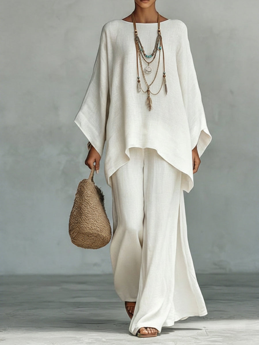 Women's Loose Linen Top and Wide-Leg Pants Two-Piece Set