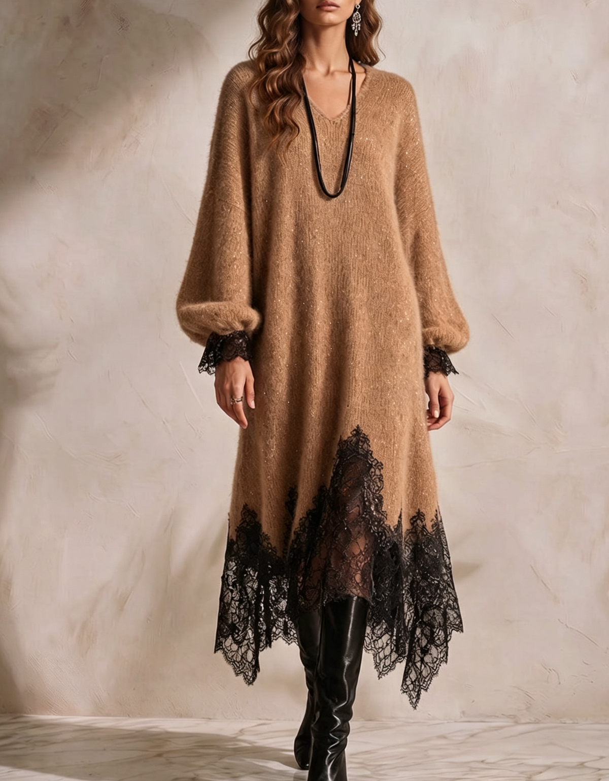 💛LAST DAY SAVE 49% ⏰Women's V-neck Long-sleeve Casual Loose-fit Knit Dress With Lace Paneling And Subtle Shimmer-✨FREE Handbag