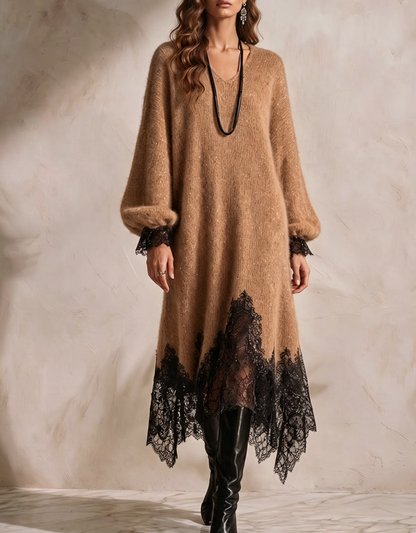 💛LAST DAY SAVE 49% ⏰Women's V-neck Long-sleeve Casual Loose-fit Knit Dress With Lace Paneling And Subtle Shimmer-✨FREE Handbag