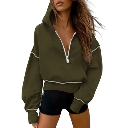 ✨✨Women's Pink Hooded Sweatshirt Long Sleeve Half Zip Cropped Pullover with Zipper & Stitching Detail for Winter Fashion