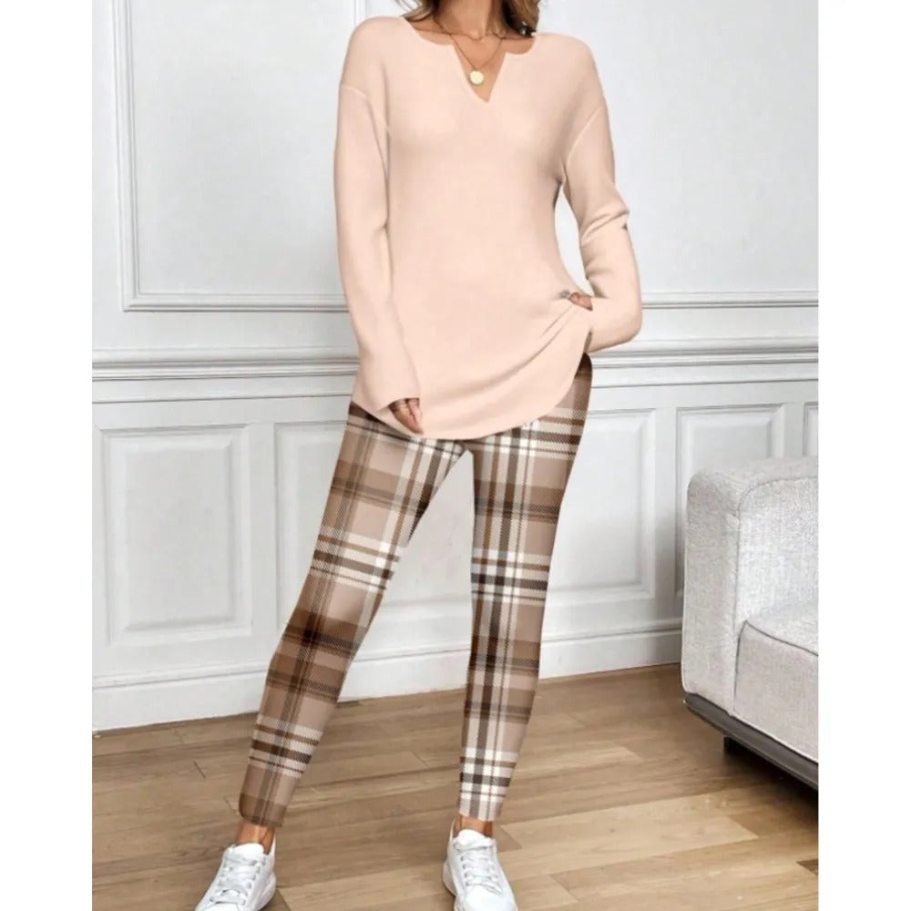 💚Women's 2-Piece Lounge Set – Long Sleeve Top & Plaid Leggings