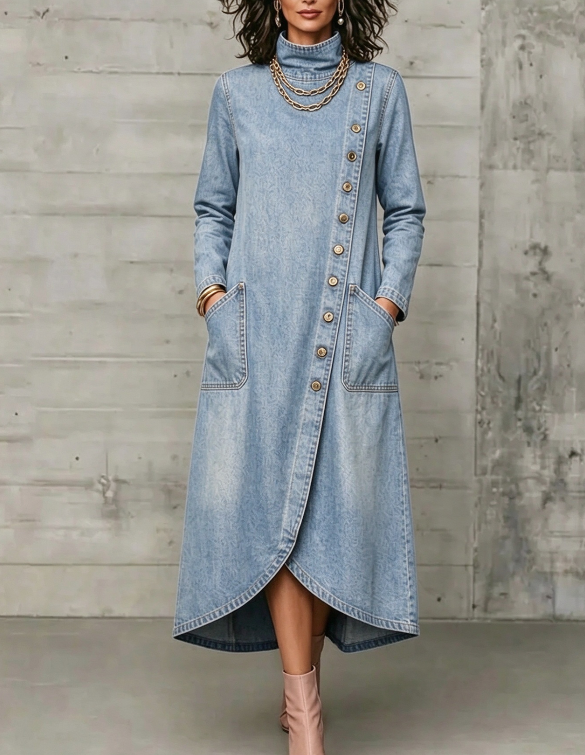 💛LAST DAY SAVE 49% ⏰High Neck Diagonal Button Large Pocket Denim Maxi Dress