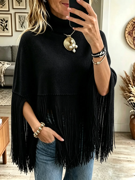 🤲LAST DAY SAVE 49% ⏰Women's Turtleneck Fringe Knit Poncho Sweater