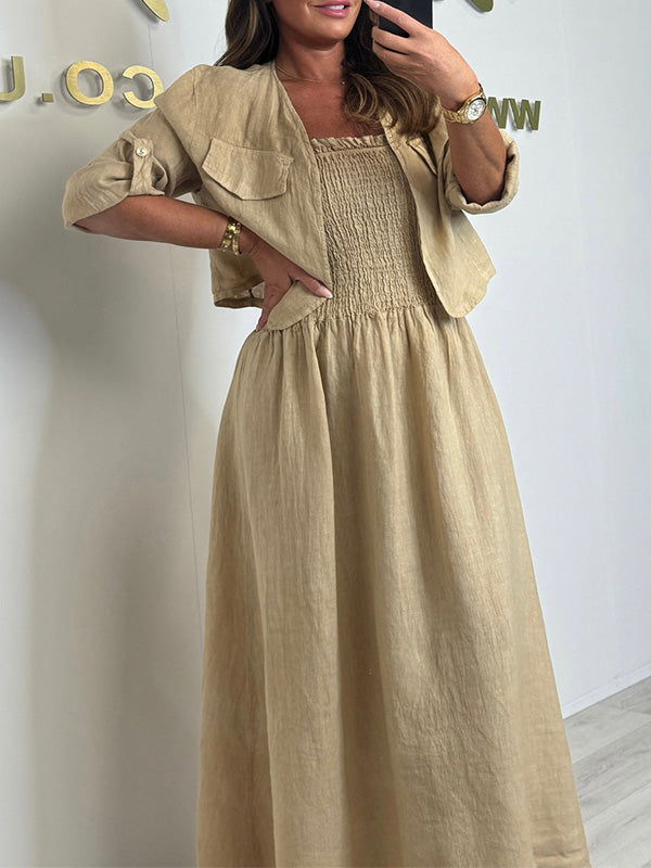 CLEARANCE🔥 Linen Smocked Dress With Over Jacket Two-piece Set
