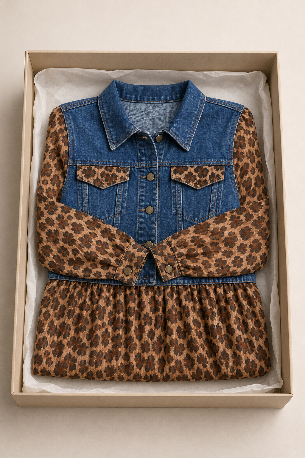 🅶Milan Denim Bodice Leopard Dress