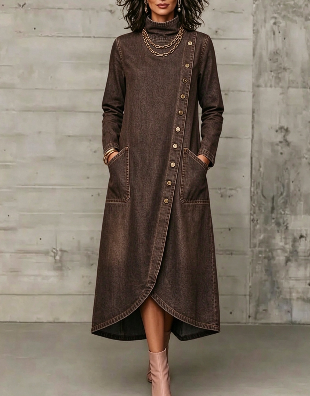 💛LAST DAY SAVE 49% ⏰High Neck Diagonal Button Large Pocket Denim Maxi Dress