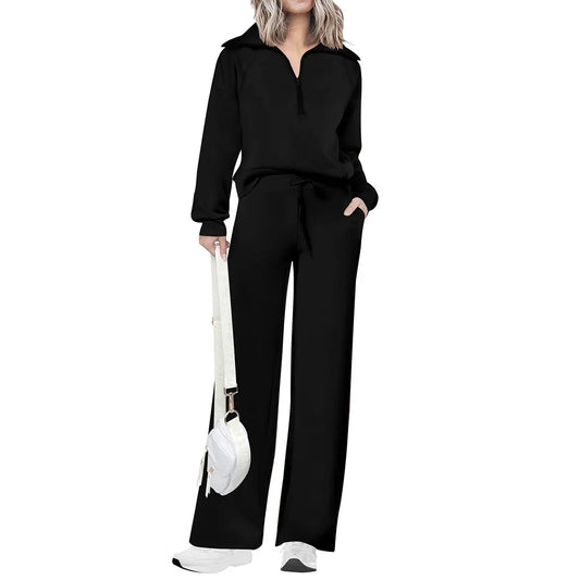 ✨✨Women's Casual 2-Piece Sweatsuit Set - Half Zip Pullover Sweatshirt & Wide Leg Pants with Drawstring - Matching Tops & Sweatpants for Comfort