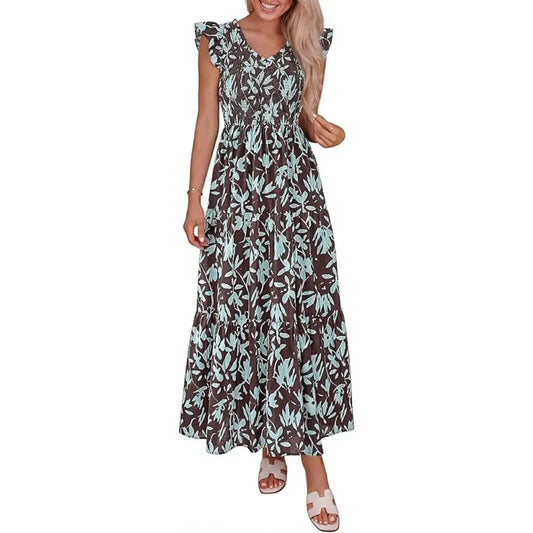 ✨✨Women's Cotton Boho Floral Maxi Dress Summer Smocked V Neck Ruffle Sleeve Spring Flowy Beach Vacation Sundresses