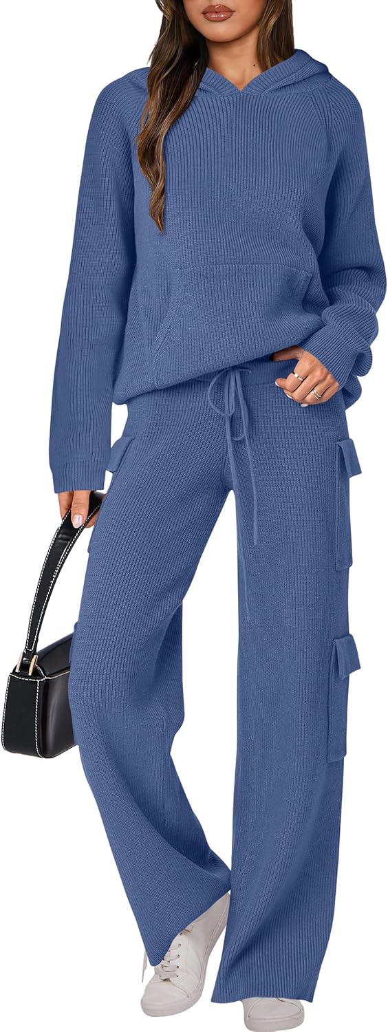 🎄Christmas Sale🔥 Women’s Two Piece Outfits Casual Knit Hooded Sweater Straight Leg Pants Set