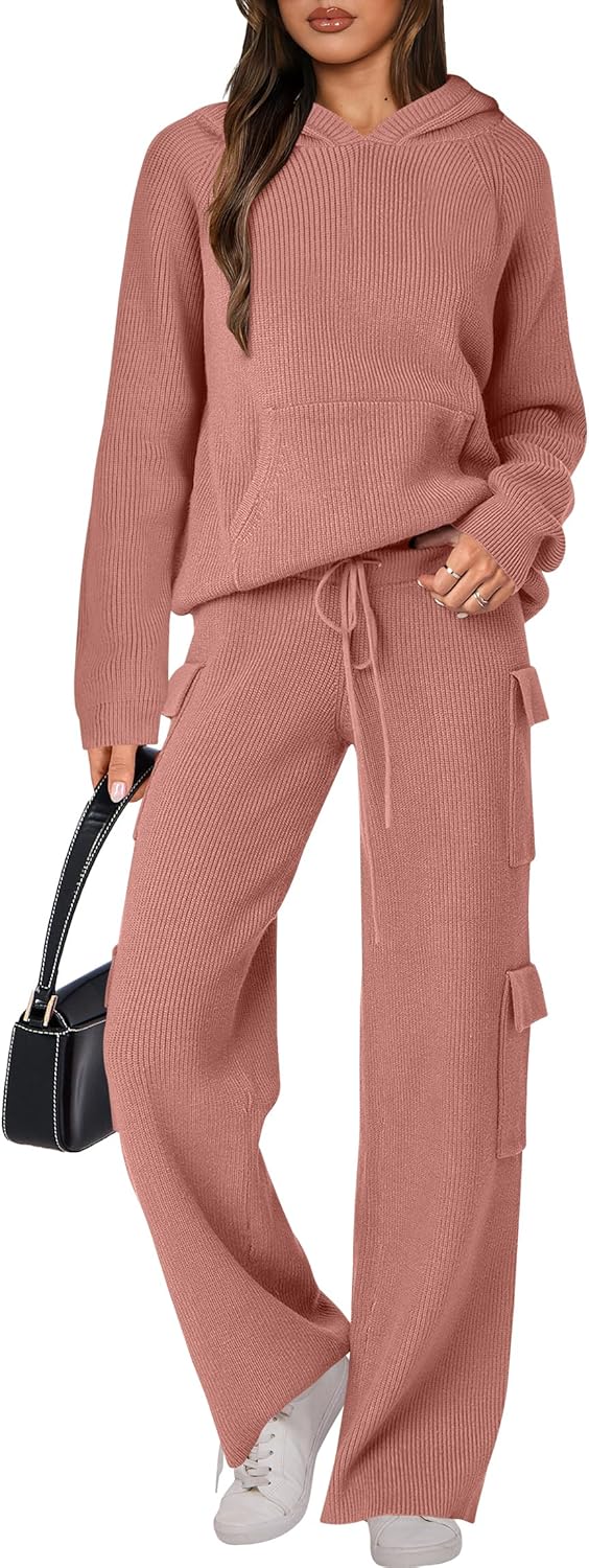 🎄Christmas Sale🔥 Women’s Two Piece Outfits Casual Knit Hooded Sweater Straight Leg Pants Set