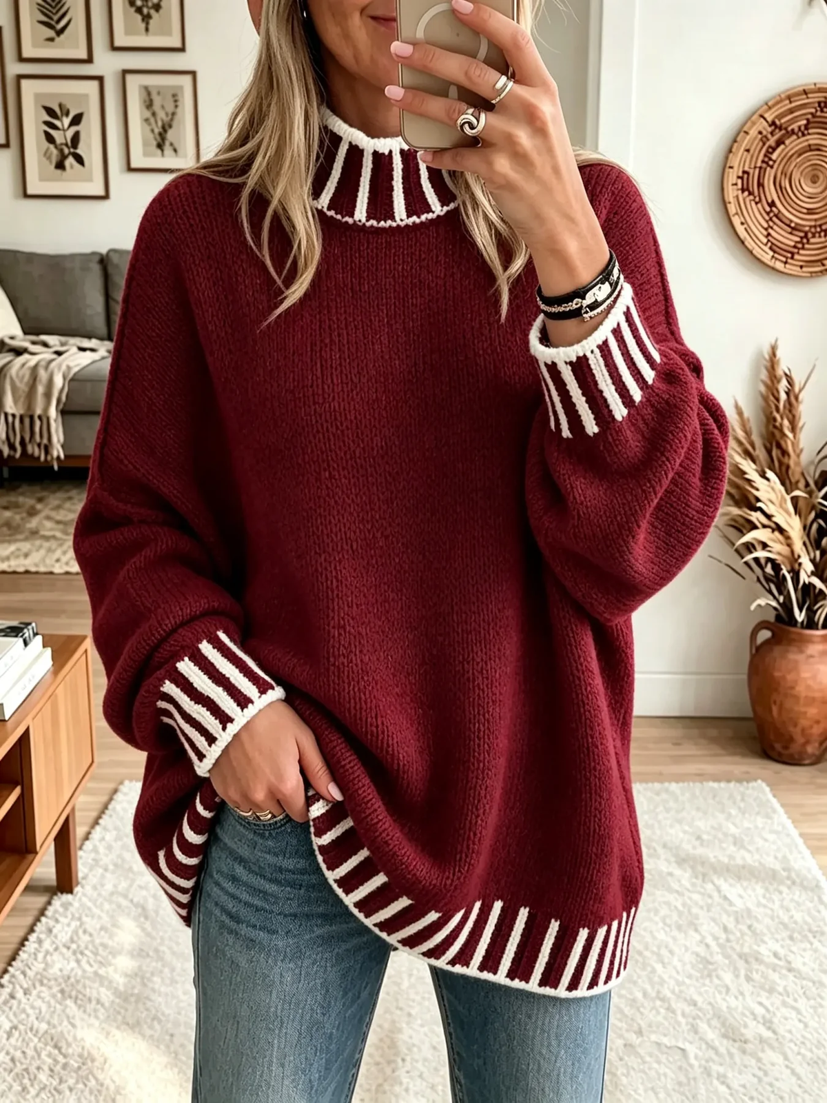 💛LAST DAY SAVE 49% ⏰Women's Striped Trim Mock Neck Sweater