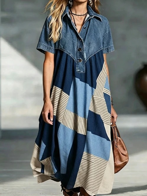 💛Women’s Denim Spliced Gradient Leopard Print Shirt Midi Dress