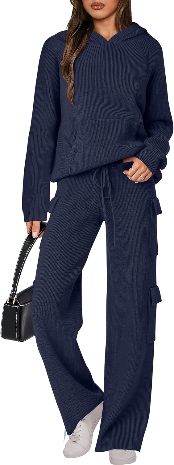 🎄Christmas Sale🔥 Women’s Two Piece Outfits Casual Knit Hooded Sweater Straight Leg Pants Set