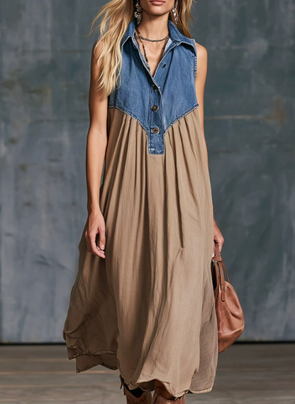 💛Women’s Denim Spliced Gradient Leopard Print Shirt Midi Dress