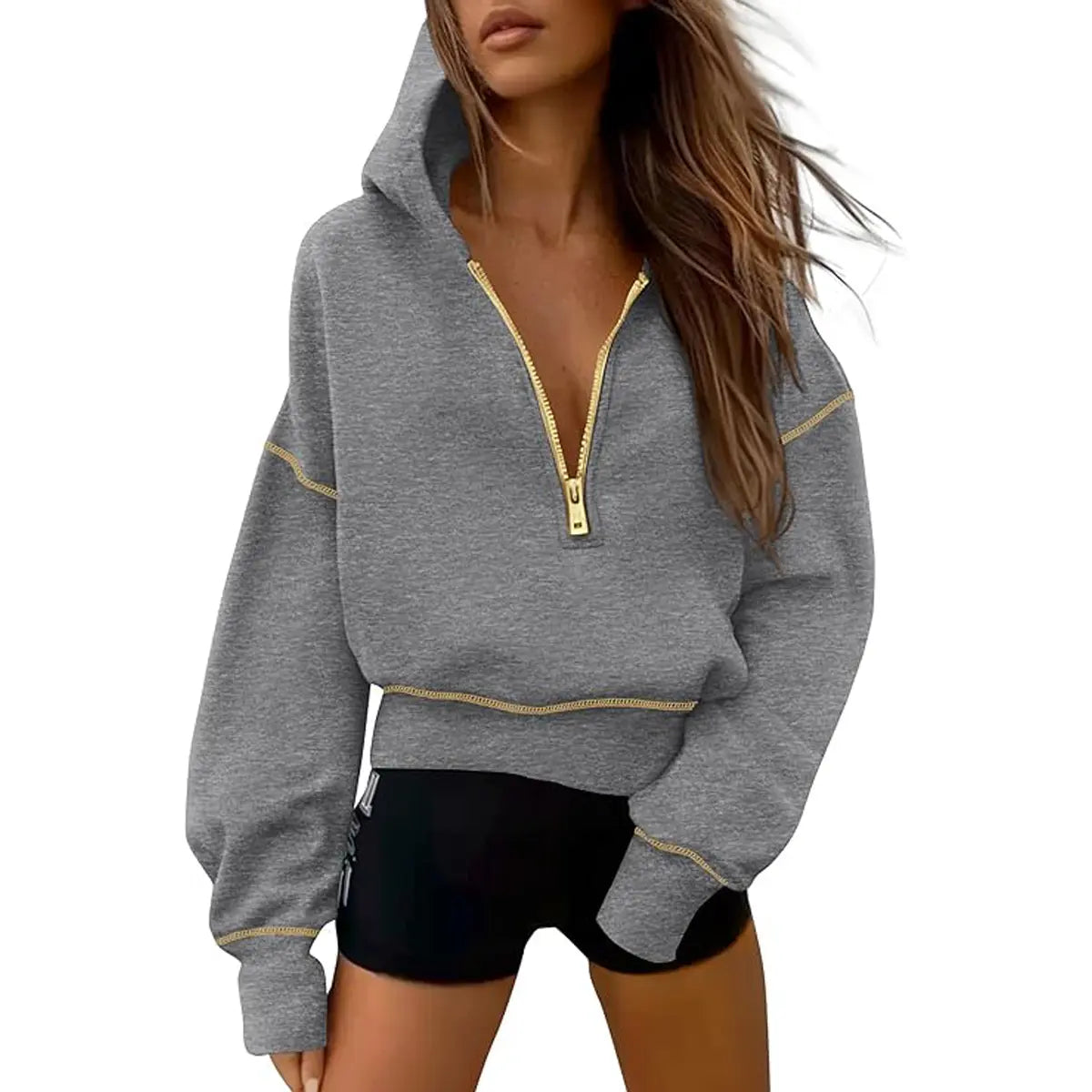 ✨✨Women's Pink Hooded Sweatshirt Long Sleeve Half Zip Cropped Pullover with Zipper & Stitching Detail for Winter Fashion