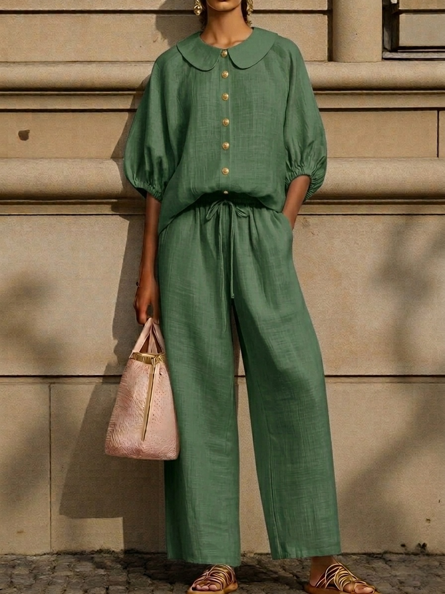 🌿Stylish Linen 2-Piece | Peter Pan Collar Shirt + Wide Leg Pants