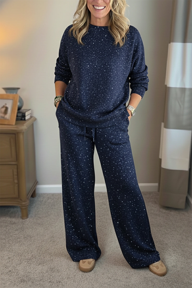 🎄 New Arrivals🔥 Cozy Travel Crew Neck Shiny Sweatshirt and Pant 2 Piece Sets