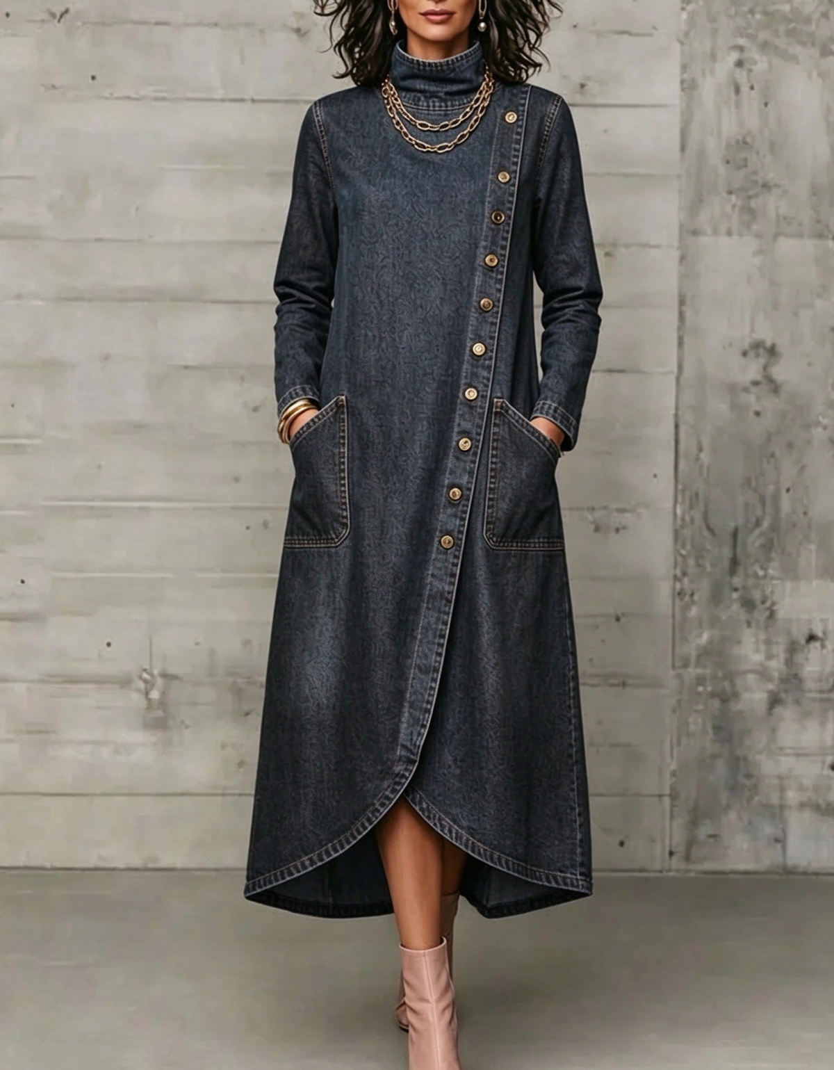 💛LAST DAY SAVE 49% ⏰High Neck Diagonal Button Large Pocket Denim Maxi Dress