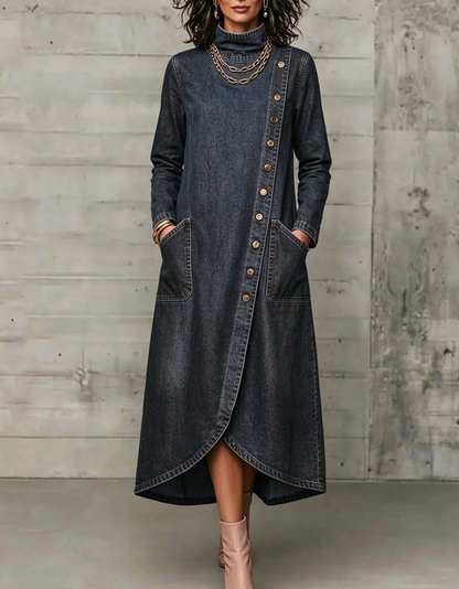 💛LAST DAY SAVE 49% ⏰High Neck Diagonal Button Large Pocket Denim Maxi Dress