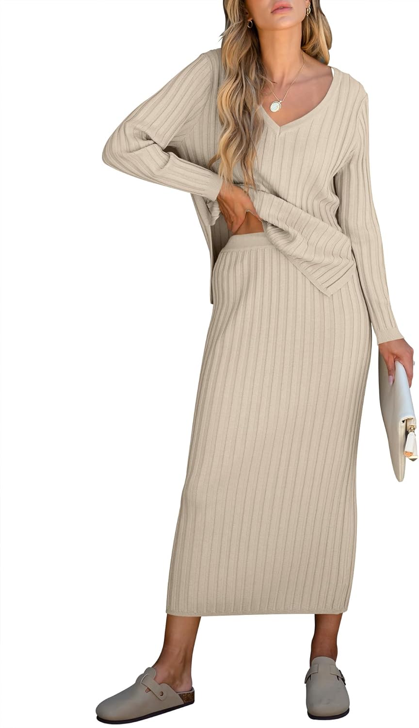 🎄Christmas Clearance🔥Women's Long Sleeve V Neck Ribbed Knit Dress Set