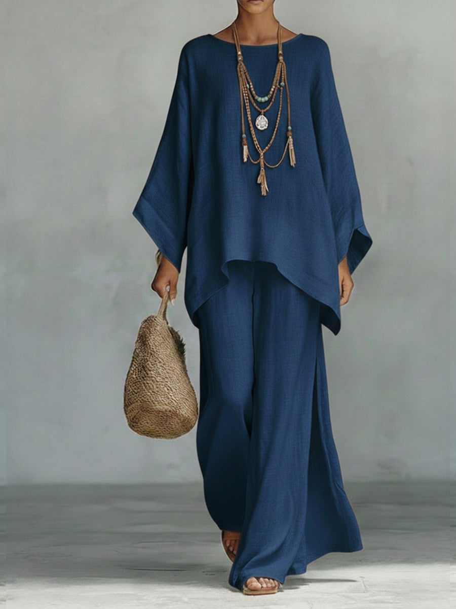 Women's Loose Linen Top and Wide-Leg Pants Two-Piece Set