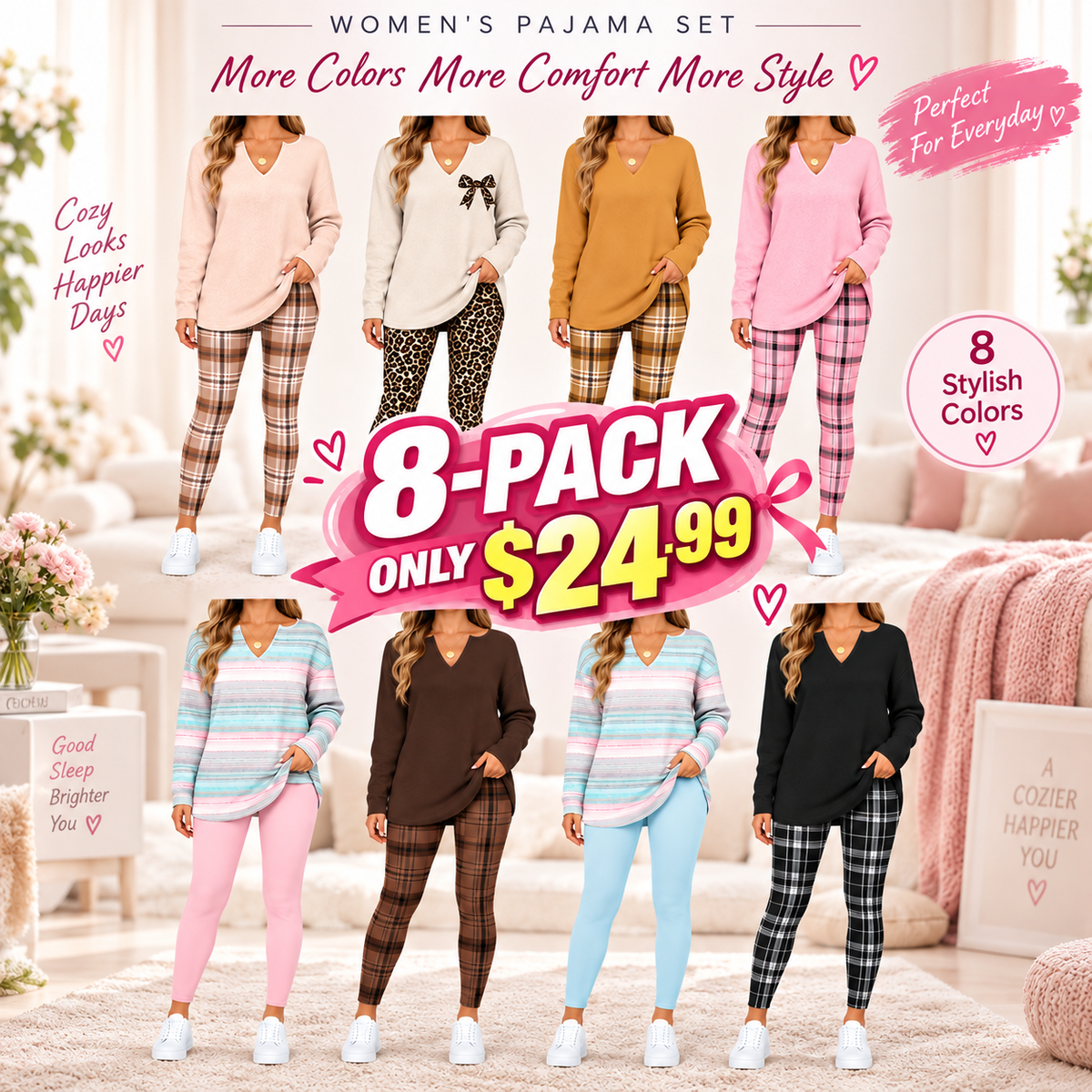 💚Women's 2-Piece Lounge Set – Long Sleeve Top & Plaid Leggings
