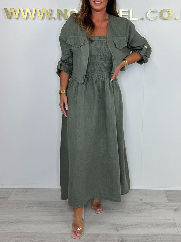 CLEARANCE🔥 Linen Smocked Dress With Over Jacket Two-piece Set