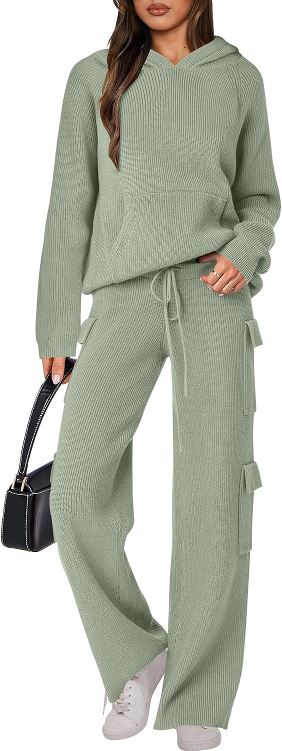 🎄Christmas Sale🔥 Women’s Two Piece Outfits Casual Knit Hooded Sweater Straight Leg Pants Set
