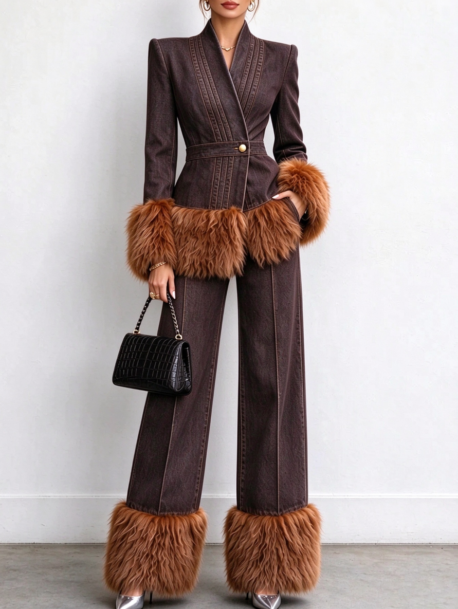 💛LAST DAY SAVE 49% ⏰Women's Tailored Denim Jacket with Faux Fur Trim-FREE Handbag