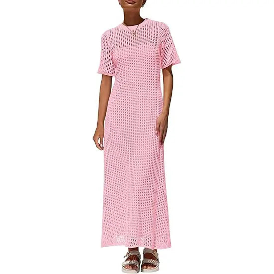 ✨✨Womens Eyelet Cover Up Dress Summer Resort Maxi Dress with Beach Short Sleeves, Hollow Out Design & Hollow Out Sundress Style