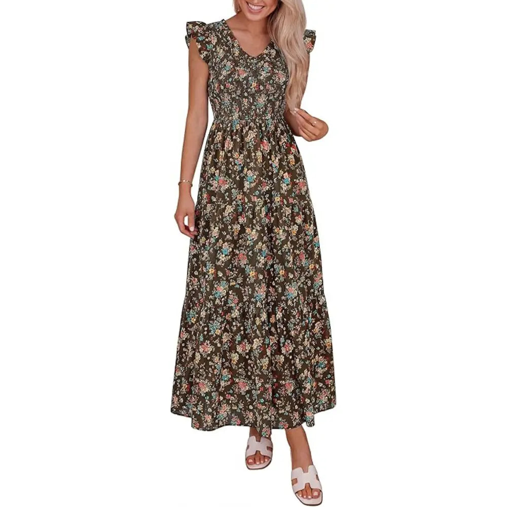 ✨✨Women's Cotton Boho Floral Maxi Dress Summer Smocked V Neck Ruffle Sleeve Spring Flowy Beach Vacation Sundresses