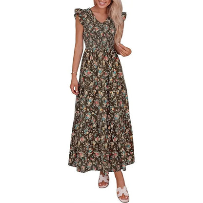 ✨✨Women's Cotton Boho Floral Maxi Dress Summer Smocked V Neck Ruffle Sleeve Spring Flowy Beach Vacation Sundresses