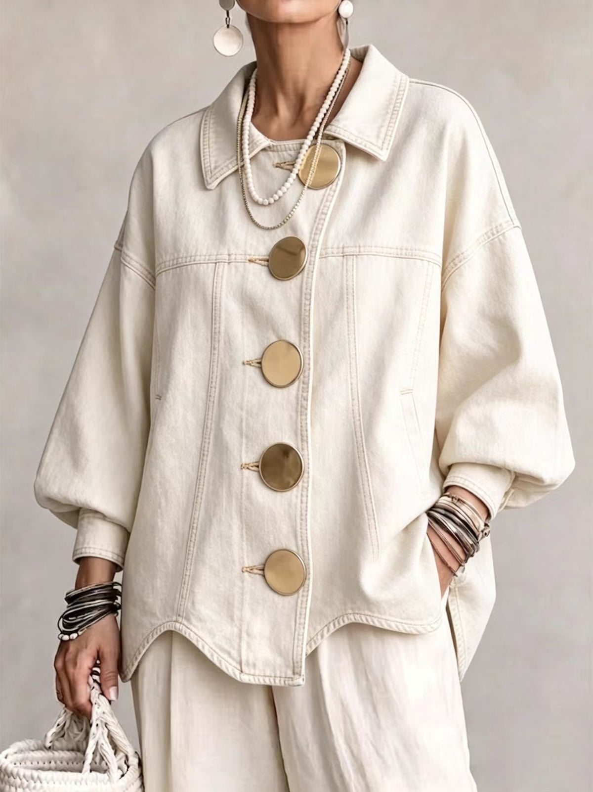 💛LAST DAY SAVE 49% ⏰Collared Oversized Denim Jacket With Large Metal Buttons