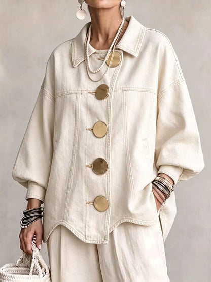 💛LAST DAY SAVE 49% ⏰Collared Oversized Denim Jacket With Large Metal Buttons