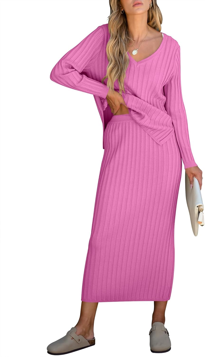 🎄Christmas Clearance🔥Women's Long Sleeve V Neck Ribbed Knit Dress Set