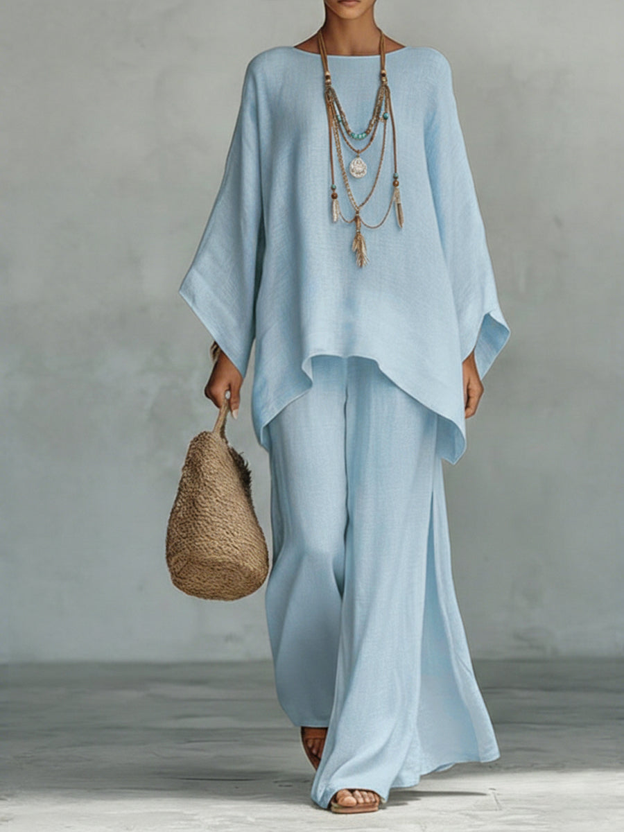 Women's Loose Linen Top and Wide-Leg Pants Two-Piece Set