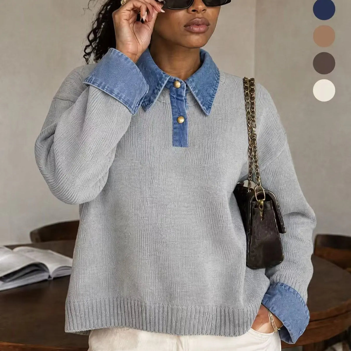 💚Korean Style Denim Patchwork Knit Pullover Sweater for Women