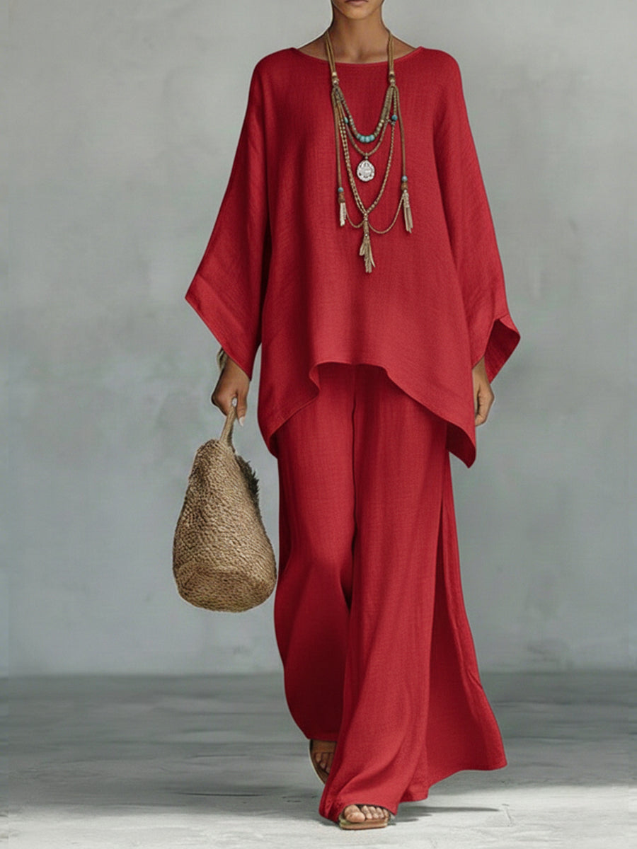 Women's Loose Linen Top and Wide-Leg Pants Two-Piece Set