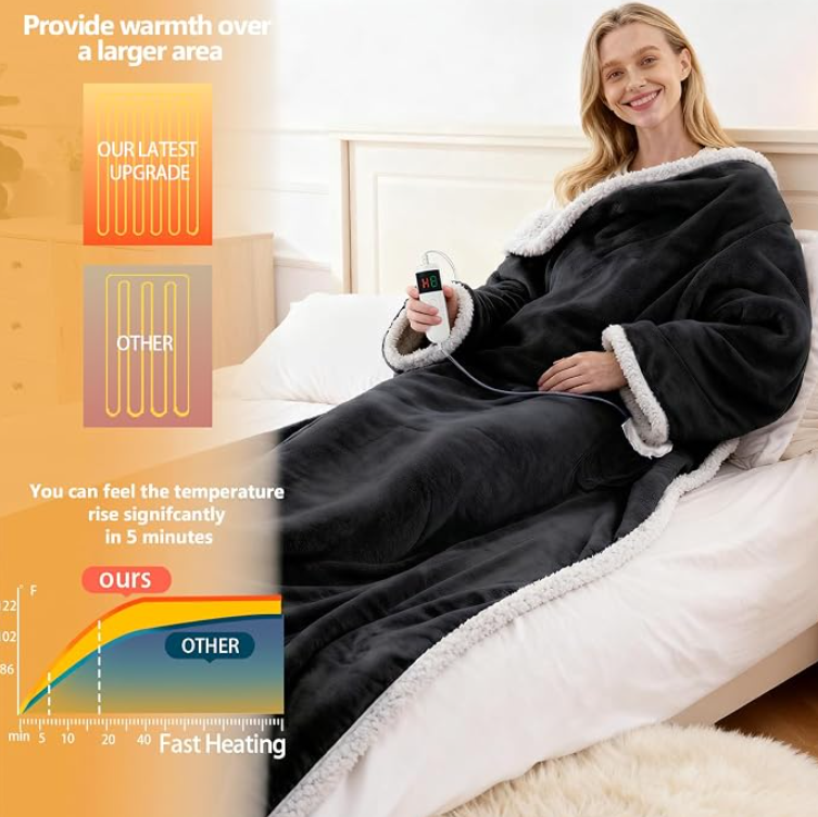 💛Wearable Heated Blanket with Sleeves | 10 Heat Settings, Auto Shut Off, Machine Washable 52”*72”+18”