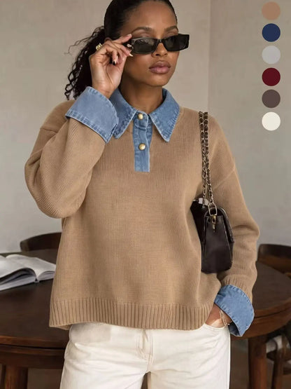 💚Korean Style Denim Patchwork Knit Pullover Sweater for Women