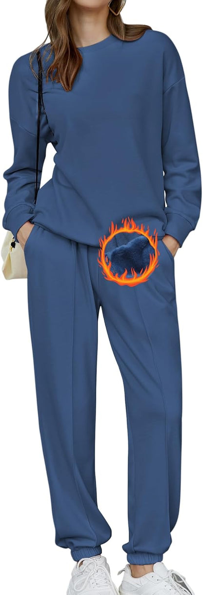 🎄Christmas Sale🔥Women's Two-Piece Oversized Fleece Sweatsuit Outfit Winter Sherpa Lined Sweatshirt and Sweatpants Sets