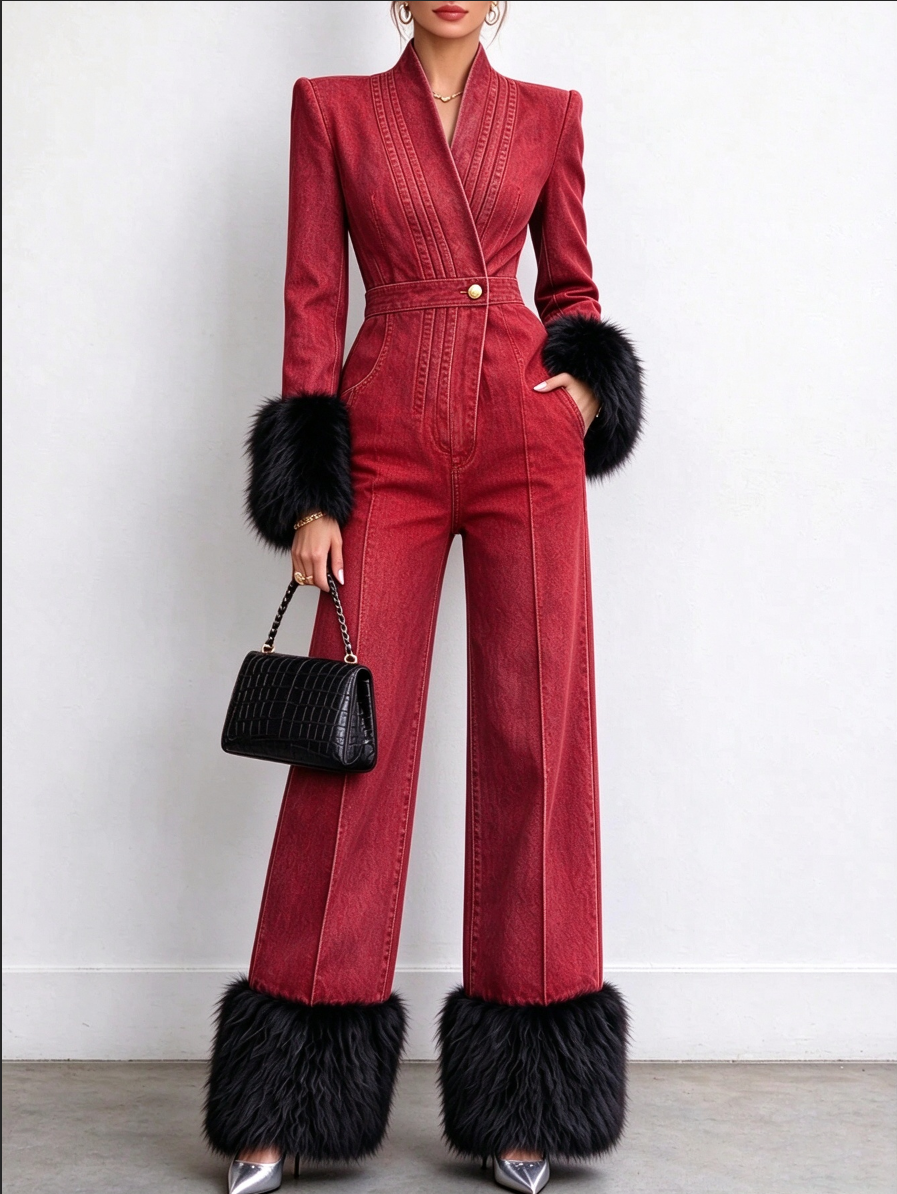 💛LAST DAY SAVE 49% ⏰Women's Tailored Denim Jacket with Faux Fur Trim-FREE Handbag