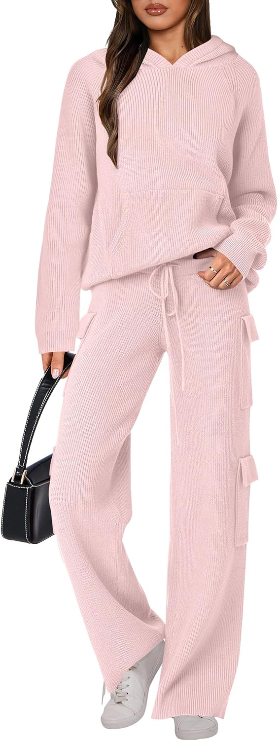 🎄Christmas Sale🔥 Women’s Two Piece Outfits Casual Knit Hooded Sweater Straight Leg Pants Set