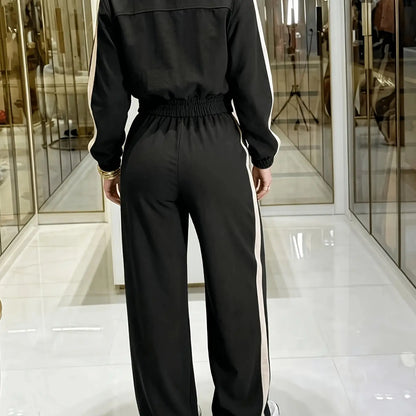 💚Casual Women's Two-Piece Set with High Waist Pants and Short Zipper Jacket, Polyester, Multiple Colors